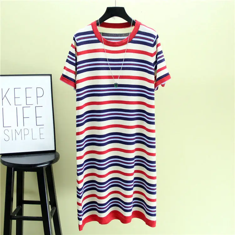 

Striped Straight Split Midi Dress for Women 2021 Spring Summer Casual Loose Short Sleeve Long Knitted Dresses Vestidos Mujer