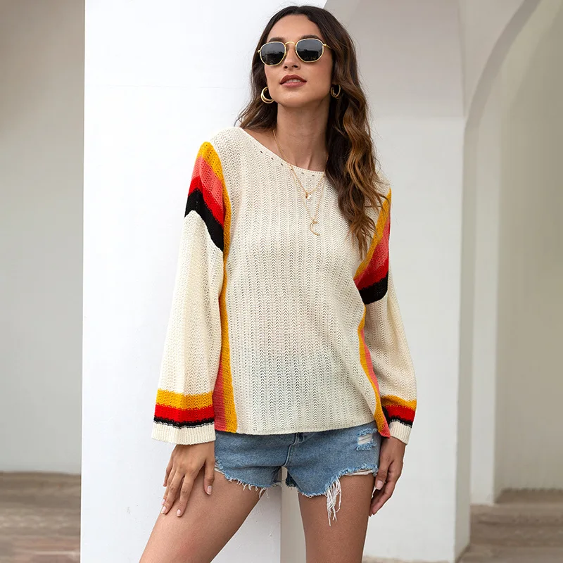 

Knitted Sweater Women Autumn Knitwear Full Sleeve Hollow Out See-Through Pullovers Sweater Female Contrast Color Striped Top