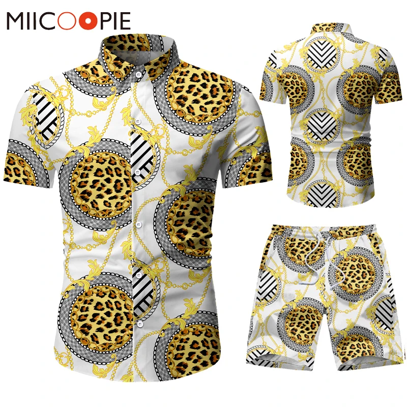 

Роскошный комплект из 2 предметов с золотым цветочным леопардовым принтом, рубашка с длинным рукавом, пляжные шорты, летний Повседневный об...