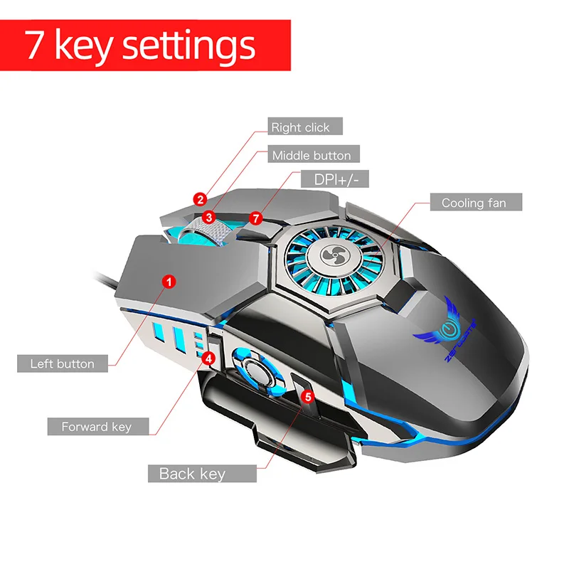 

Profession USB Wired Cooling Fan Gaming Mouse RGB LED Backlight Mute Computer Mouse Gamer 7 Buttons 6400DPI Adjustable For PC