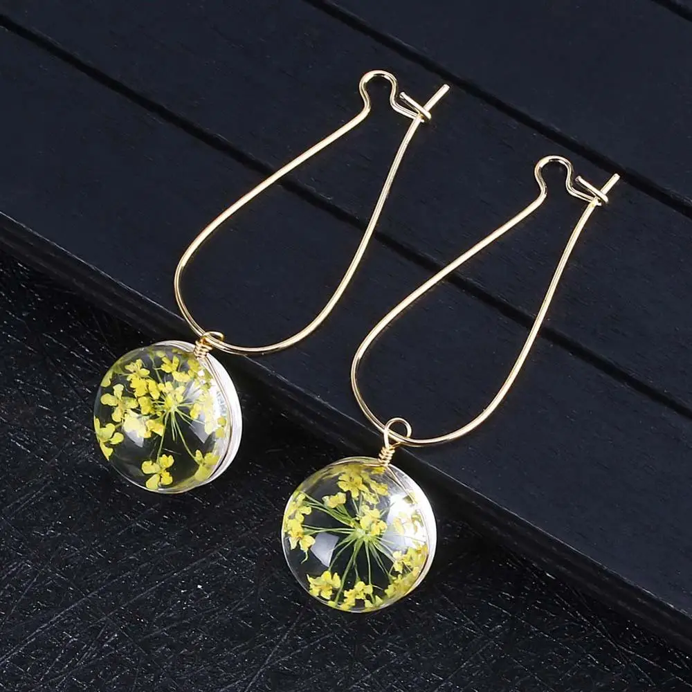 Серьги ручной работы из прозрачного стекла с высушенными цветами для женщин