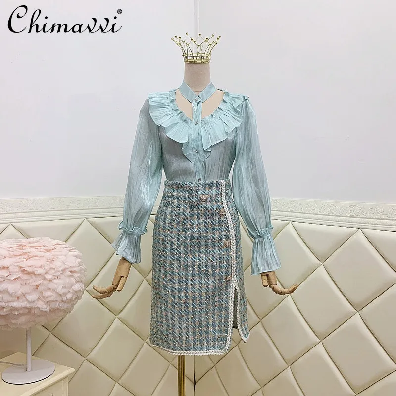 

Women's Skirt and Blouse Set Korean Clothing Autumn Long Sleeve Chic Satin Shirt Plaid Slit Skirt Ladies Two Piece Outfits 2021