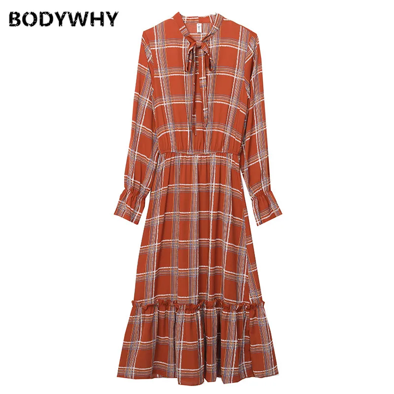 

2020 Spring and Summer Women's Dress Literary Retro Plaid Long-sleeved Dress Casual Loose Large Size
