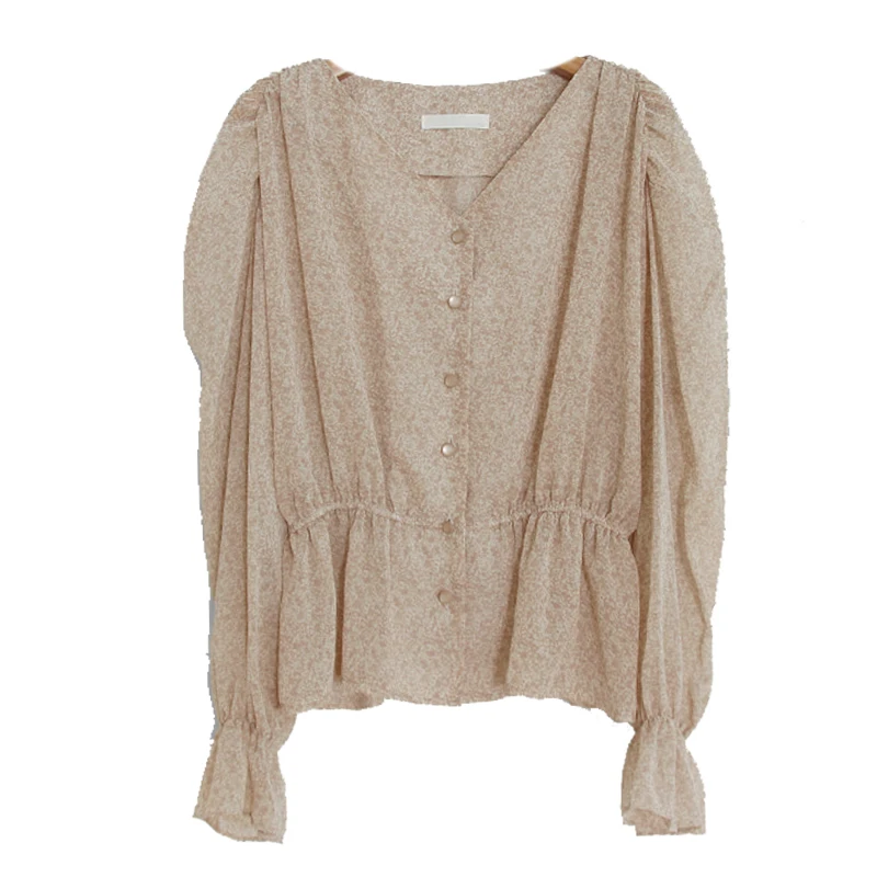 

ZAWAHIKI Elegant Fashion Women's Shirt Spring 2021 Long Sleeve Slim Waist Ruffles Tops V Neck Flare Sleeve Short Flower Blouse