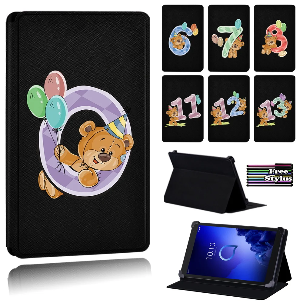 

Cute Cartoon Bear Flip Cover Case Fit Alcatel 1T 7" 10"/3T 8"10/A3 10" - High Quality PU Leather Stand Tablet Case + Free Stylus