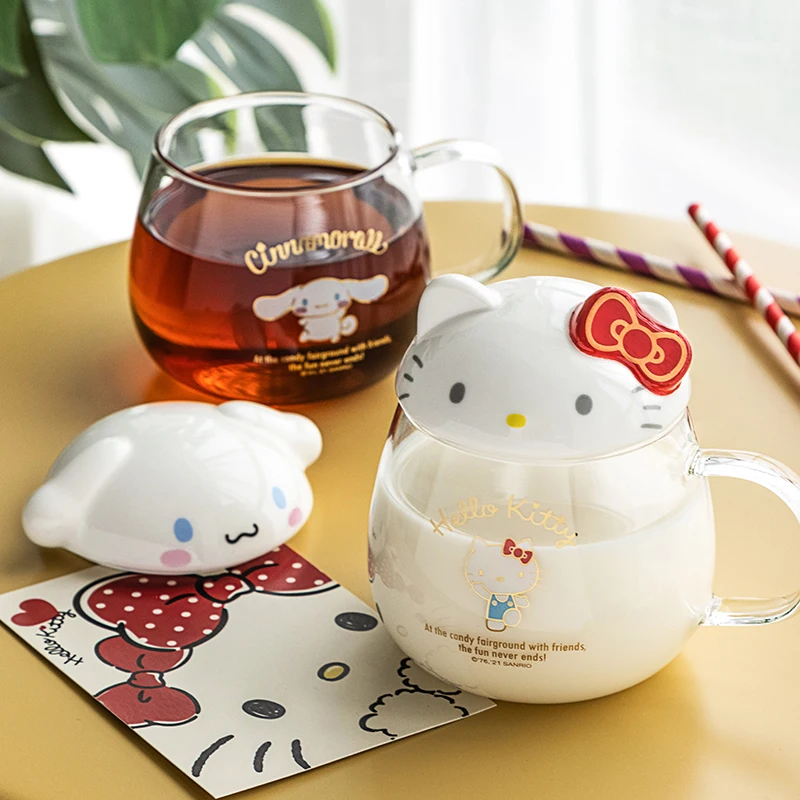 7.3cm Kawaii Sanrio Hello Kitty Cinnamoroll KEROPPI Cartoon Glass Drinking Cup with Lid Spoon Transparent Tea Home Milk Cup