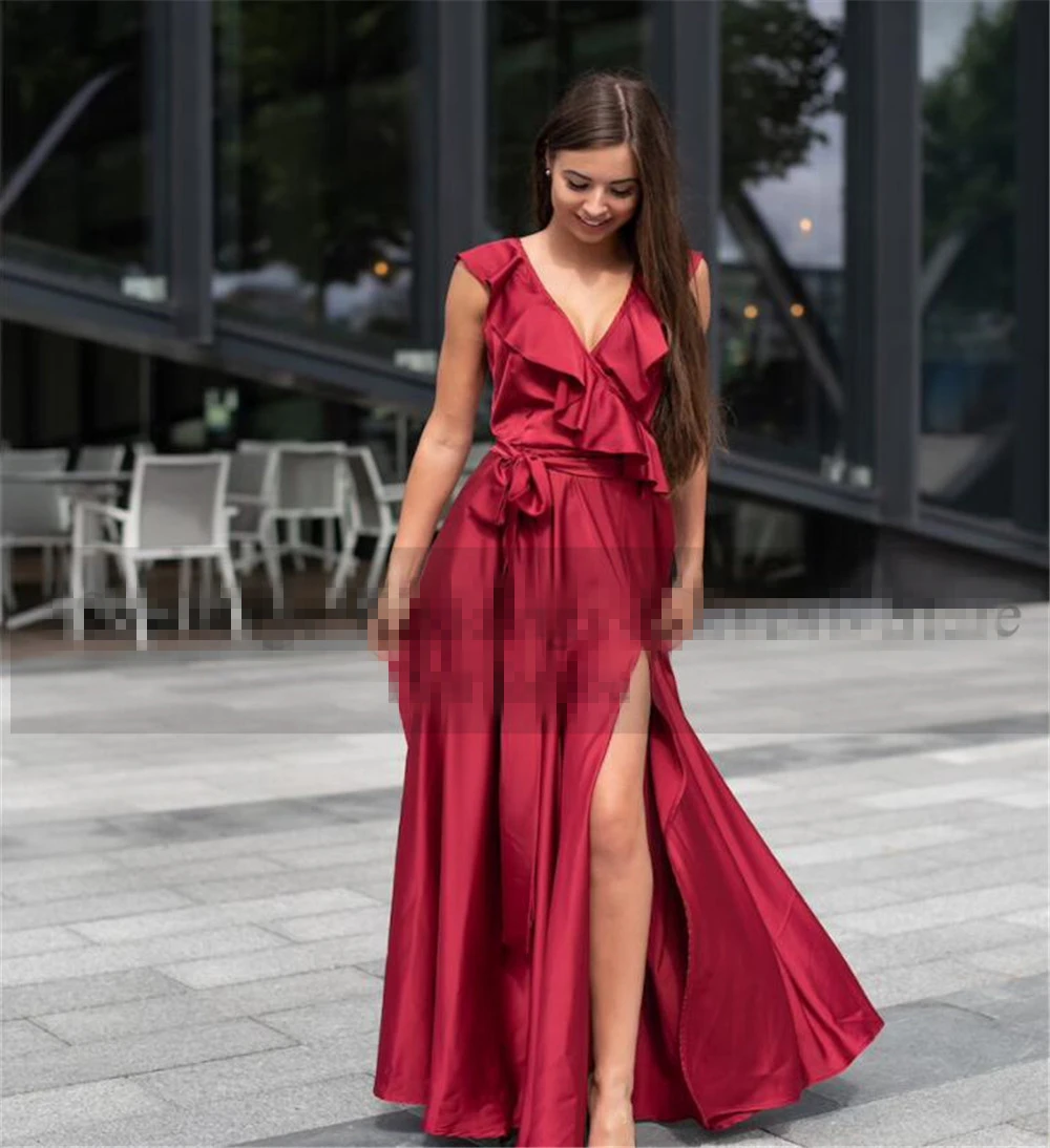 

Bespoke Occasion Dresses Burgundy Pleat Floor-Length Empire Sleeveless Elegant A-Line Deep V-Neck Women Formal Evening Gown H895