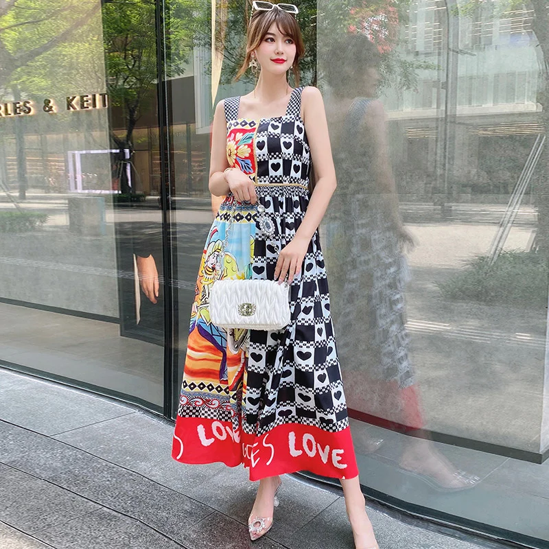 

DIDABOLE Fashion Summer New Women'S Bohemia Exquisite Printed Patchwork Diamond Decoration Elegant Party Midi Strap Dress