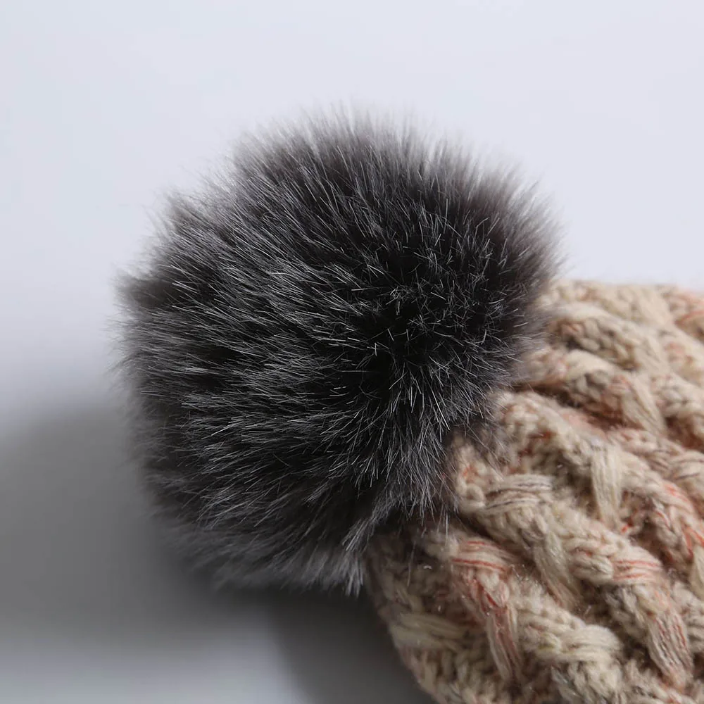 FS стиль зимние шапки для женщин Мех животных Pom Beanie вязаный Skullies Красный розовый плюс бархат открытый уха головы теплые шапки с помпоном
