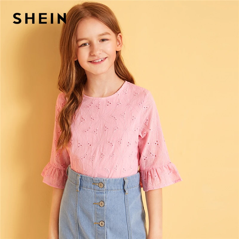 SHEIN Kiddie Ginger/однотонная кружевная блузка с рюшами и проймой для подростков г., летняя детская блузка с рукавами-бабочками на пуговицах, рубашка