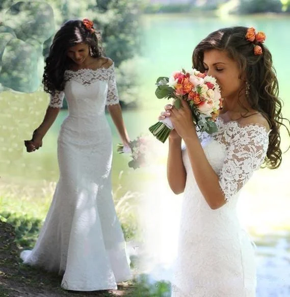 

Full Lace Country Boho Wedding Dresses mermaid Off The Shoulder Sweep Train half Sleeves Cheap 2019 Beach Bohemian Bridal Gowns