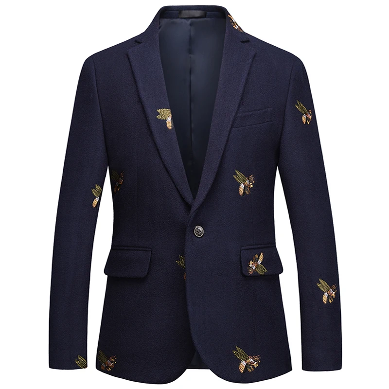

MOGU 2021 Korean Style Men Bees Printed Blazer Slim Fit Wedding Suit Jacket Prom Party Sport Coat Plus Size M-6XL