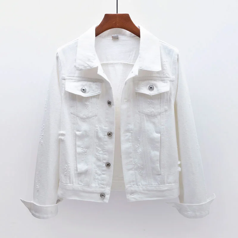 

Модная потертая белая джинсовая куртка, Женское пальто в стиле Харадзюку, повседневные свободные короткие джинсовые куртки с длинным рукавом для женщин