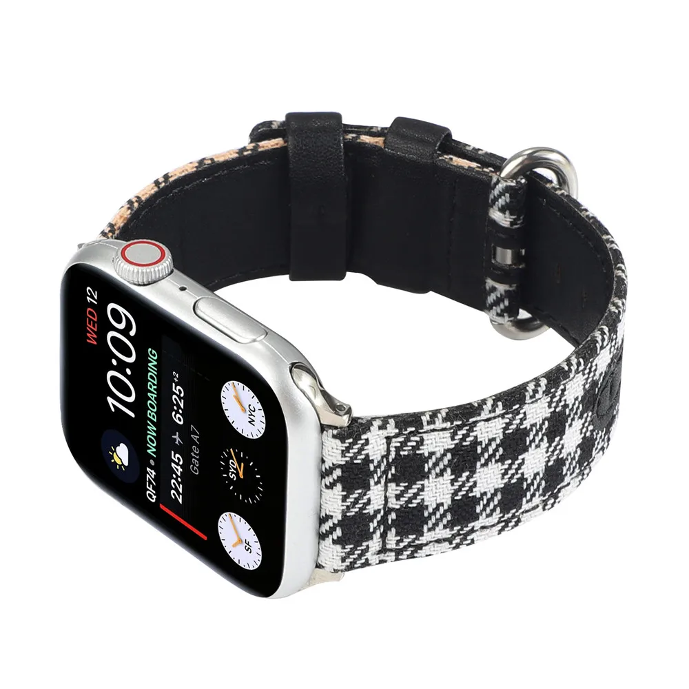 

Fashion Canvas Plaid Leather Strap for Apple Watch SE Band Series 6 5 4 3 Wrist Belt for Iwatch 40mm 44mm 38mm 42mm Bracelet