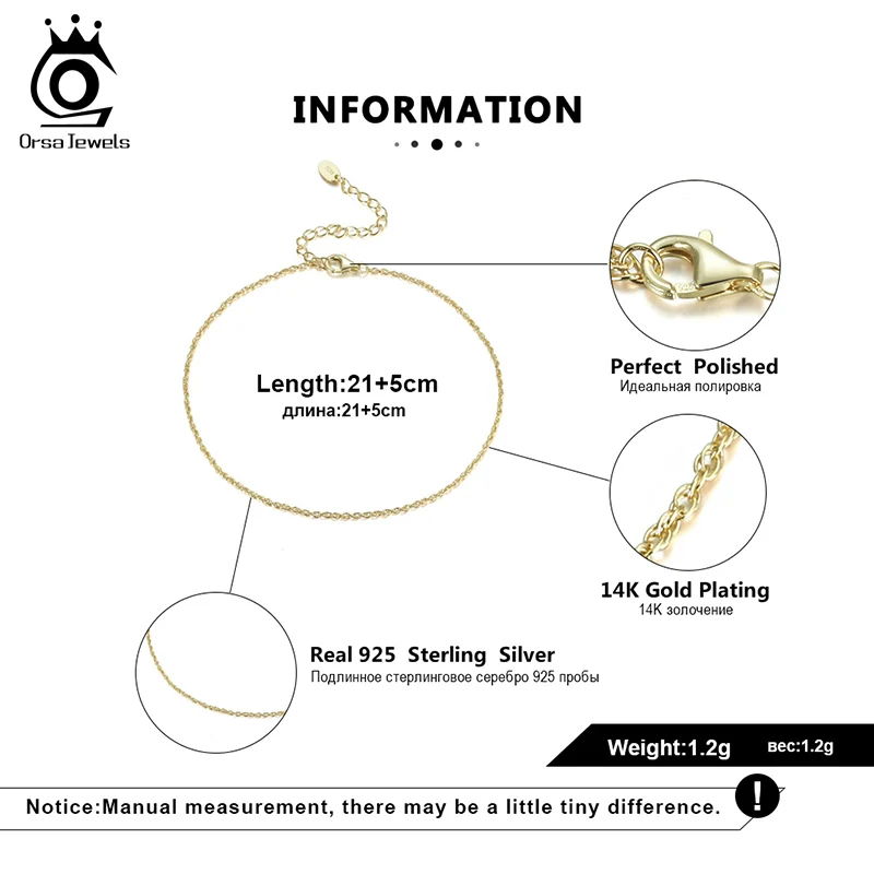 ORSA JEWELS Чистая 925 Серебряная цепочка на щиколотку 14 к позолоченная тонкая женская