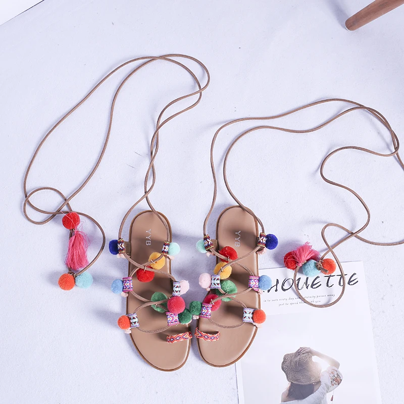 Летние женские модные сандалии выше колена с помпонами и сеткой красного цвета