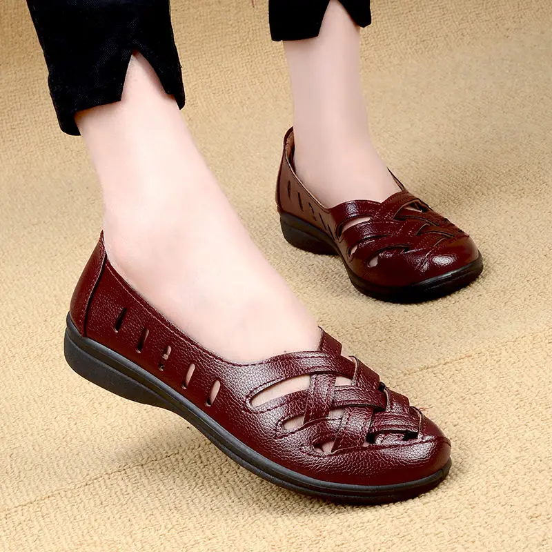 

2021 New Arrival Female Flats Genuine Leather Shoes For Women Breathable Hollow Flats Woman Leather Loafers