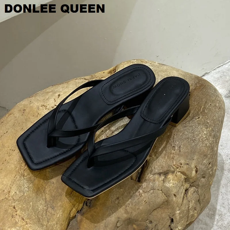 2020 New Fashion Square Toe Heels Slippers Women Slip On Slides Narrow Band Sandal Summer Shoes Beach Flip Flops Outdoor Slipper | Обувь