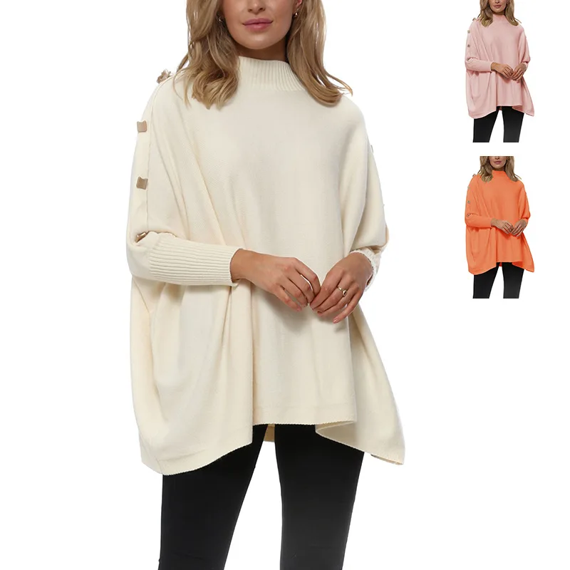

Pink Sweater Autumn Winter Women Fashion Button Batwing Sleeve Turtleneck Big Size Sweaters Woman Casual Loose Pullovers Sweater