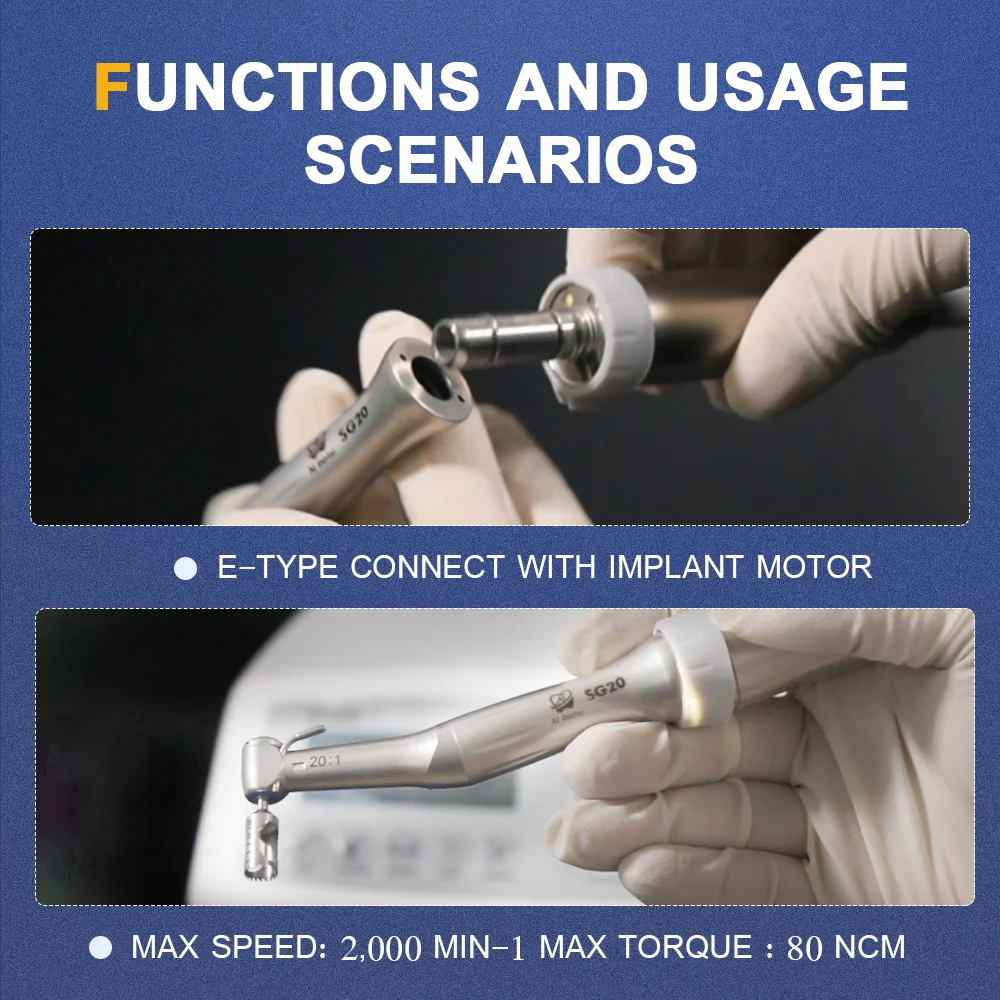 Dental Surgery Implant Handpiece 20:1 Reduction Contra Angle Low Speed Push Button Chuck For Surgery Motor AI-SG20