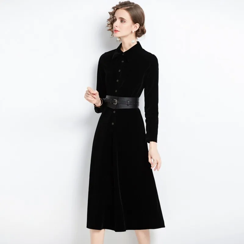 

spring autumn Fashion casual women European station female slim fit big Swing black velvet dress with belt