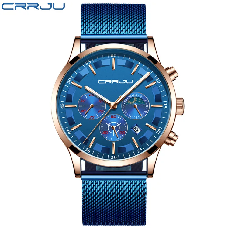 M blue rose blue CRRJU мужские часы Топ бренд Роскошные Модные Бизнес Кварцевые часы мужские спортивные полностью стальные водонепроницаемые черные часы Relogio Masculino - Цвет: M blue rose blue