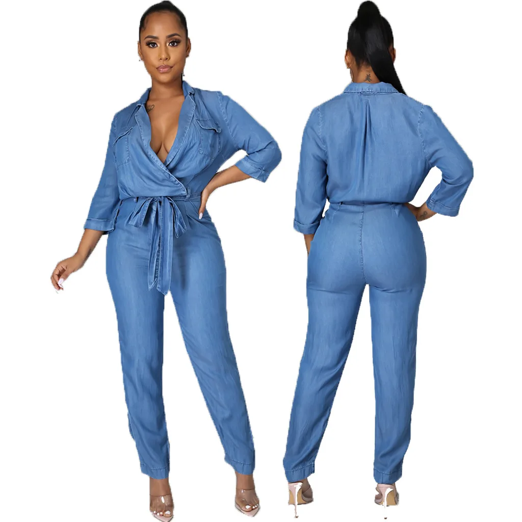 

Womens Autumn Denim Jumpsuit Long-Sleeved Trousers Fashion Trend Slim With Belt Casual Ladies Denim Rompers Best Selling Rompers