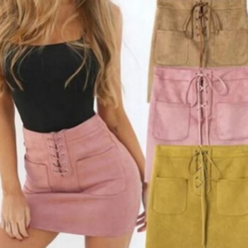 Женская модная замшевая облегающая юбка на шнуровке с высокой талией вечерние