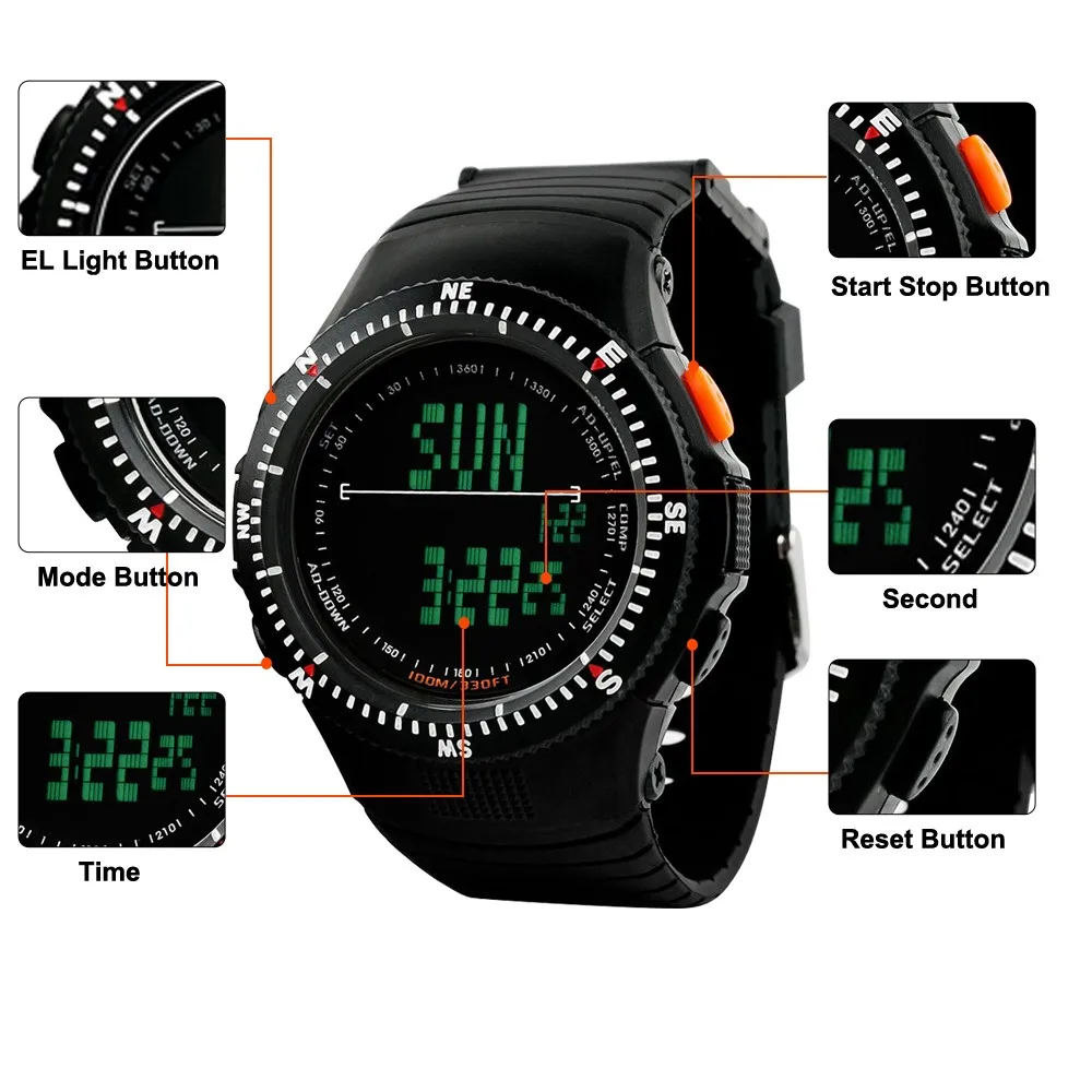 Multifunctional Tactical Watch 50M Waterproof Shockproof Men Sports Watches Outdoor Climbing Hunting LED Digital Wristwatch |