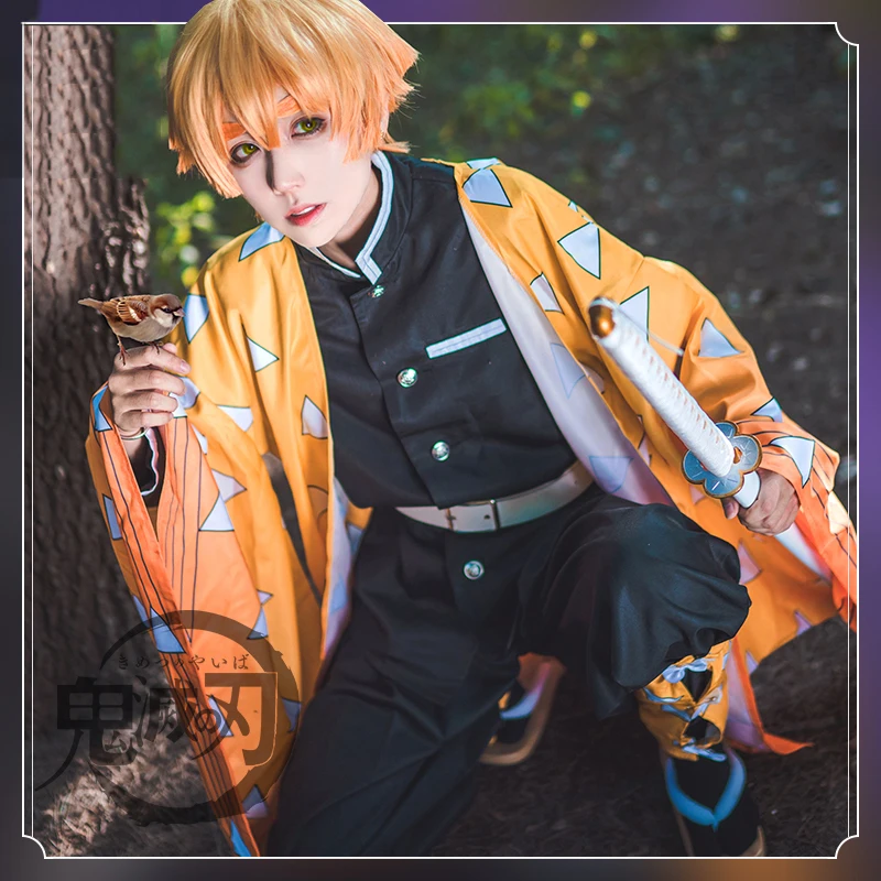 Японское аниме «убийца демонов», Kimetsu no Yaiba, костюмы для косплея, Agatsuma Zenitsu, полный комплект одежды, костюм на Хэллоуин