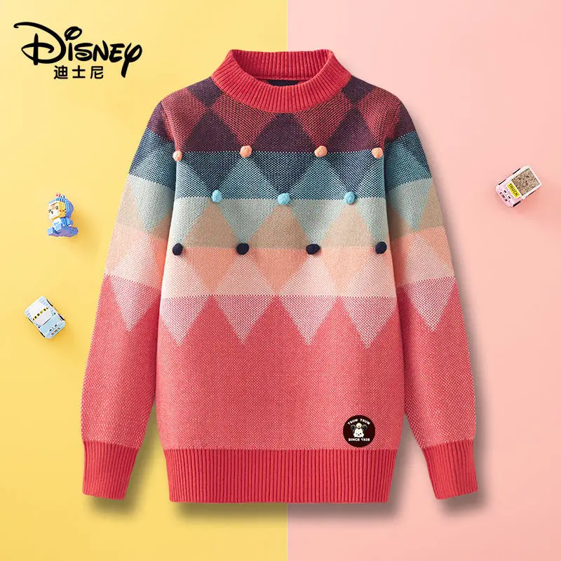 

New Disney 2021 Pure Cotton Girls Autumn And Winter New Embroidered Knitted Sweater Cute Pink Yellow Warm And Thickened Sweaters