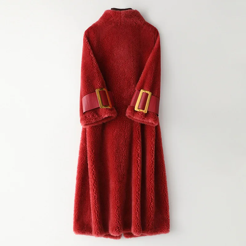 Luxury Streetwear Natural Real Sheepskin Warm Female Woolen Coat High Quality Thick Jackets Hot Sell Red Outerwear with Pockets