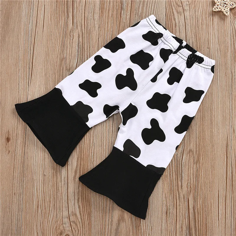 

3PCS Newborn Kid Baby Girl Cow Clothes Sets Cotton Ruffle Sleeve Romper Cow Printed Long Flared Pants Headband Outfit Set 0-24M