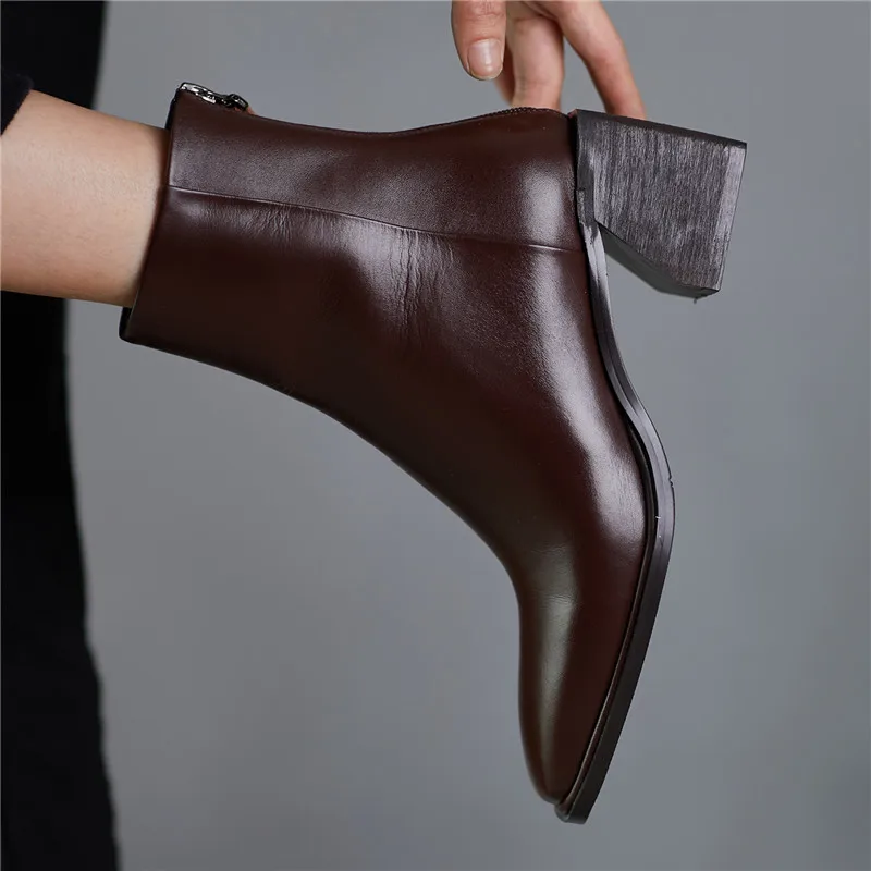

Fashion New Leather High-heeled Square Toe Short Boots Women Hand-made Zipper Ankle Boots Size: 34-43 Shoes Autumn Winter
