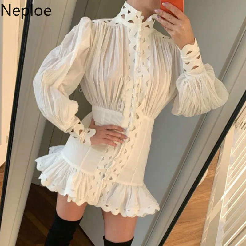 Neploe элегантное тонкое платье с рюшами женское шифоновое рукавом фонариком