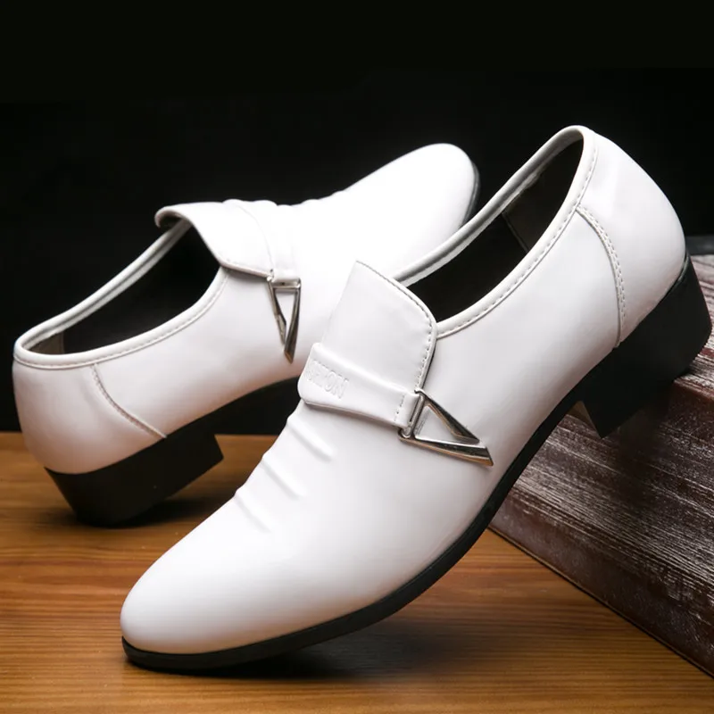 

38~48 White Dress Loafers Mens Formal Wedding Suit Leather Shoes Slip On Pointed Toe Flat Loafer Italian British Business Shoes