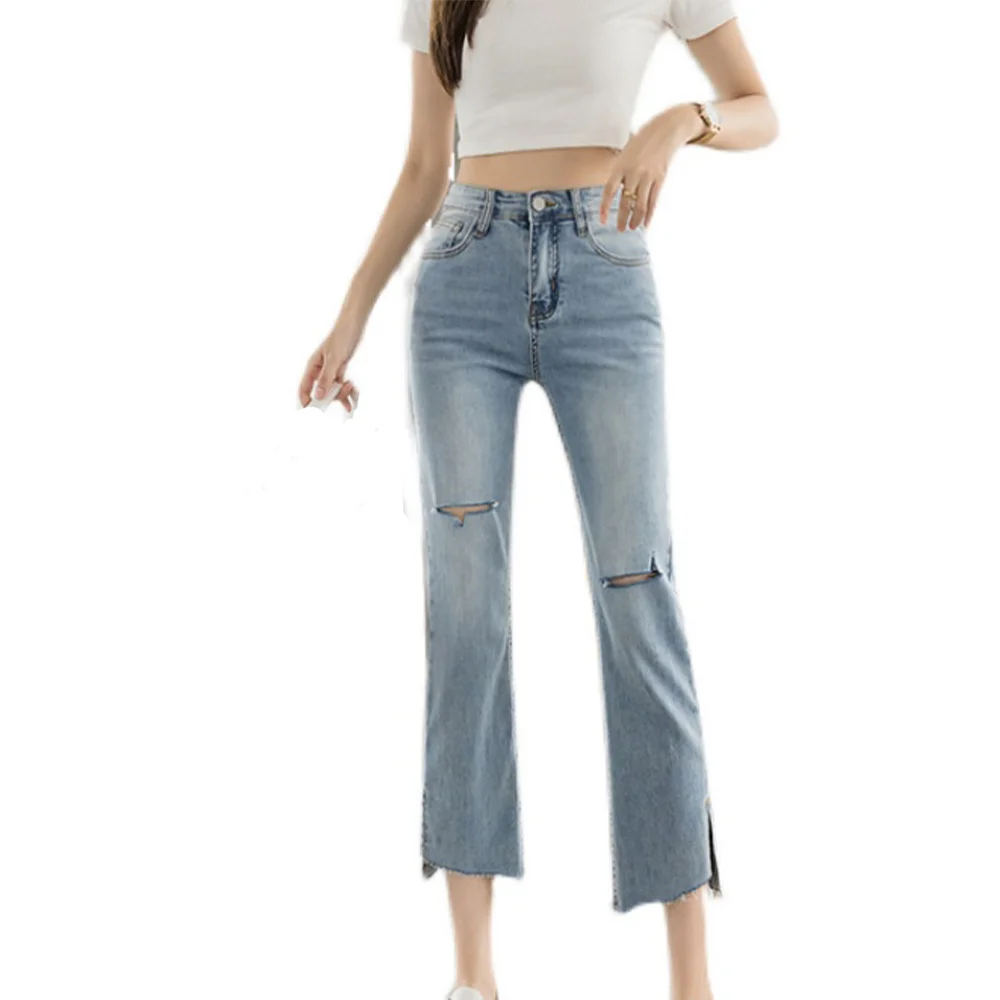 

Fashion Jeans Women High-waisted Straight-leg Hole Stretch Slim Cropped Trousers Spring And Summer Women's Clothing