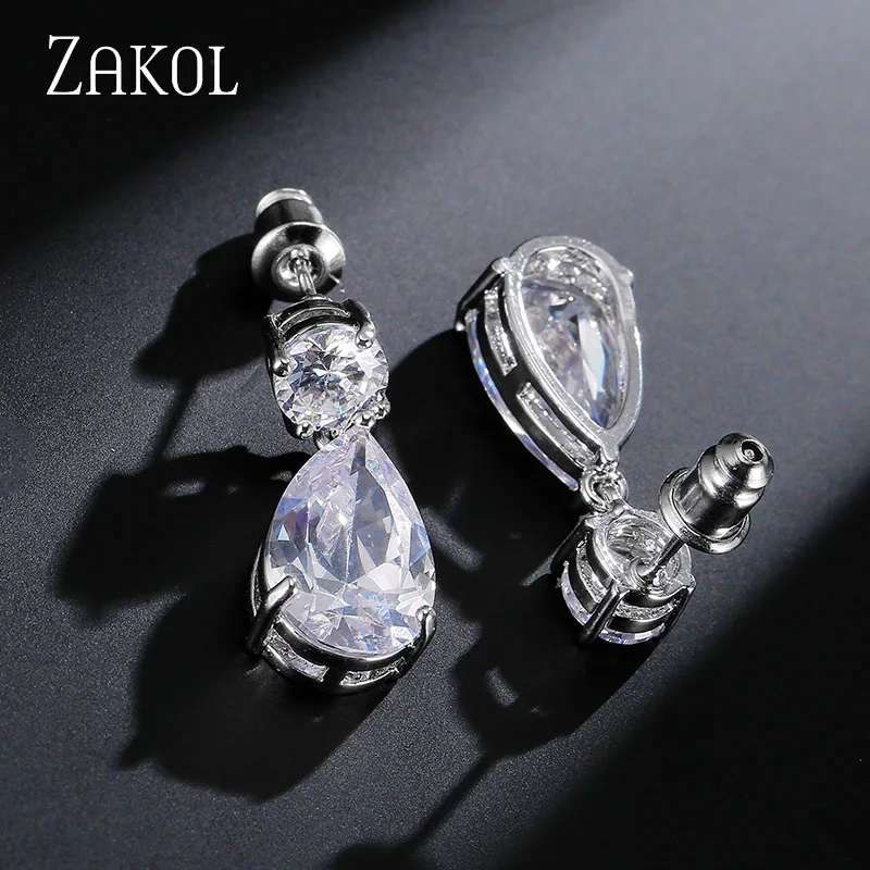 ZAKOL модные серьги-капли белого цвета для женщин невесты с фианитом высшего