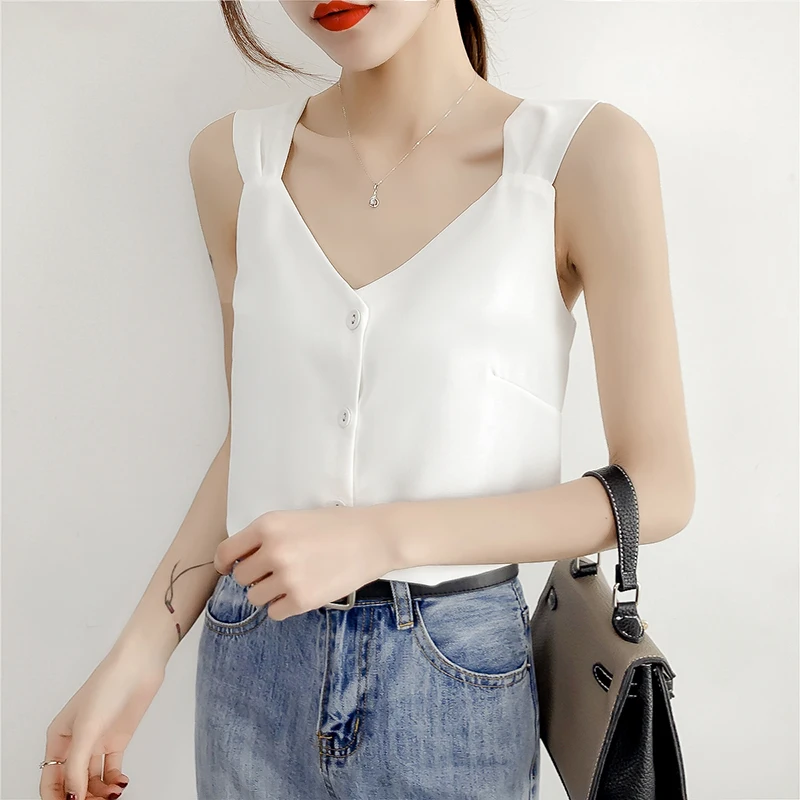 

Camisoles Women Chiffon Vacation Single Breasted V Neck Summer Casual Camis Korean Buttons Vintage Loose Women Tank Top Chic