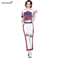 womens clothing two piece set 2021 summer fashion runway designer short print crop top and pants suit casual female outfits