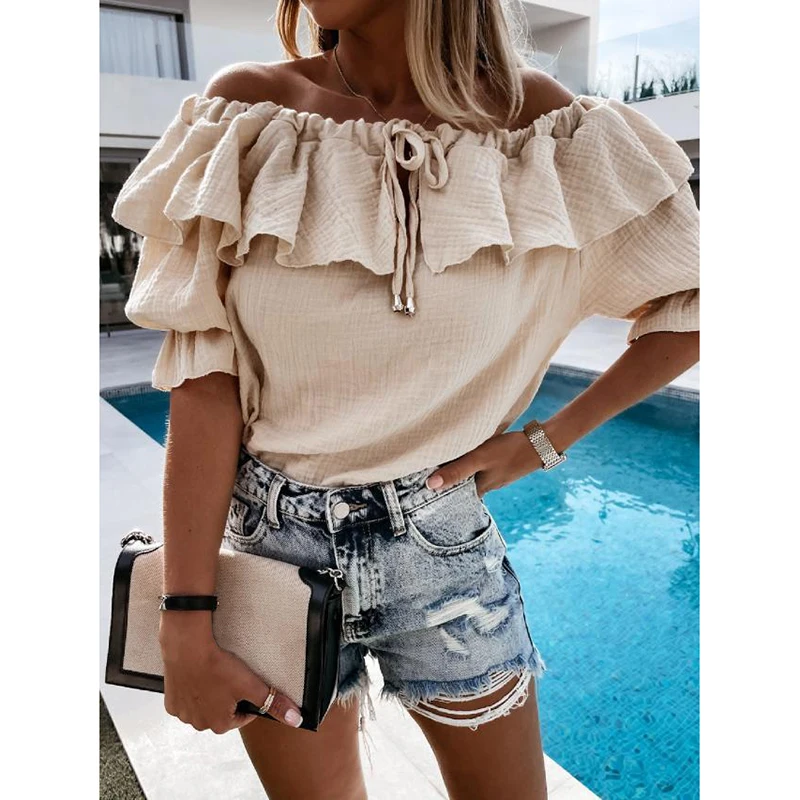 

Lady Off Shoulder Sexy Ruffled One Word Collar Lace-Up Solid Mid-Sleeved Elegant Off-the-shoulder Top Shirt Sexy Top Ladies Top