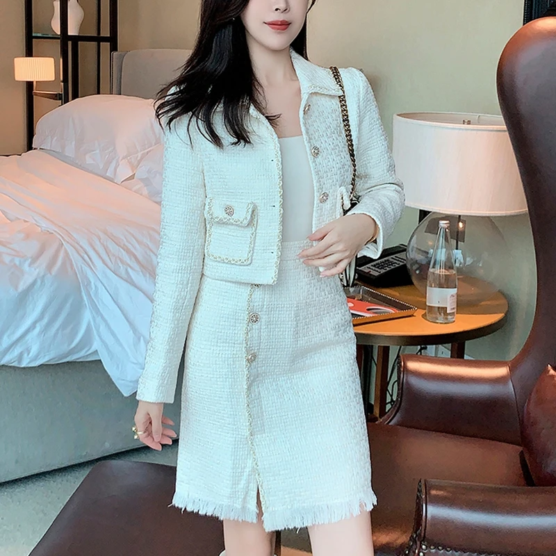 

Temperament 2 Piece Set Women Cropped Cardigan Tops High Waist Mini Bodycon Skirt Femme Chic Tweed Elegant Suit