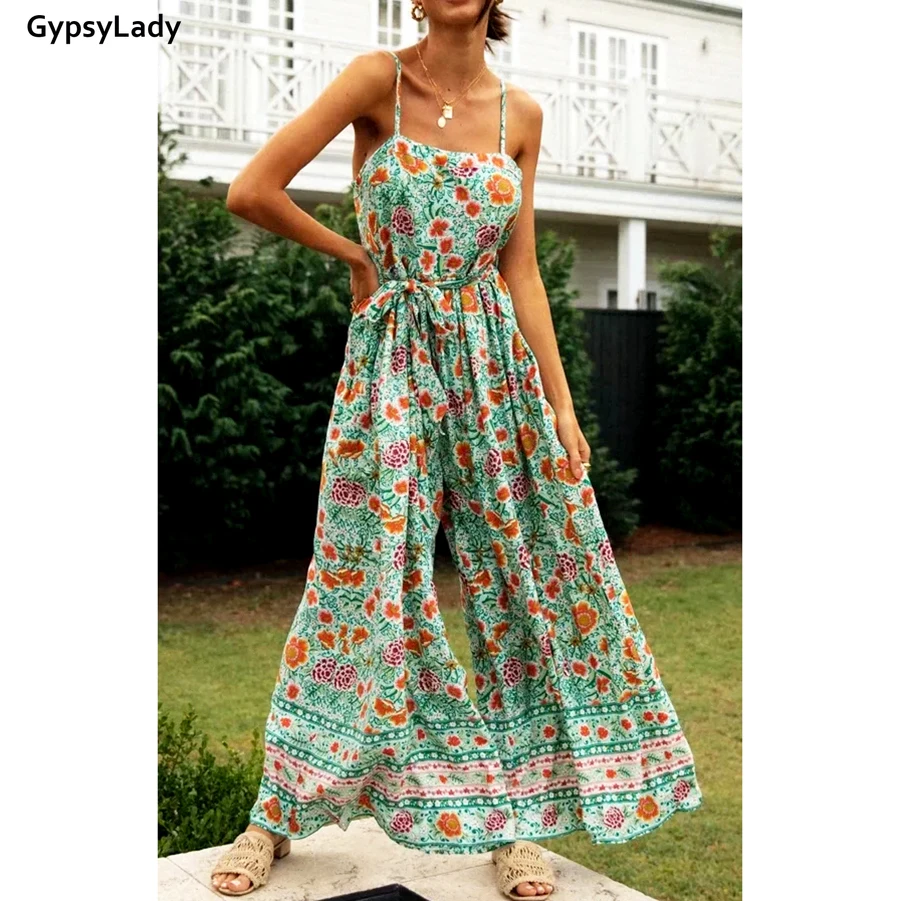 

GypsyLady Vintage Floral Boho Playsuits Summer Strappy Backless Sexy Women Casual Playsuits Belted Ladies Jumpsuits Overall 2021