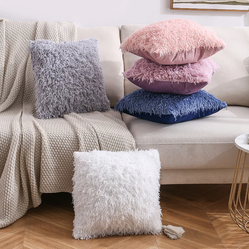 

45*45 Single Side Solid Flocked Decorative Pillow Hug Cover Home Decor Pillowcase Office Sofa Plush Throw Cushion Cover 40009