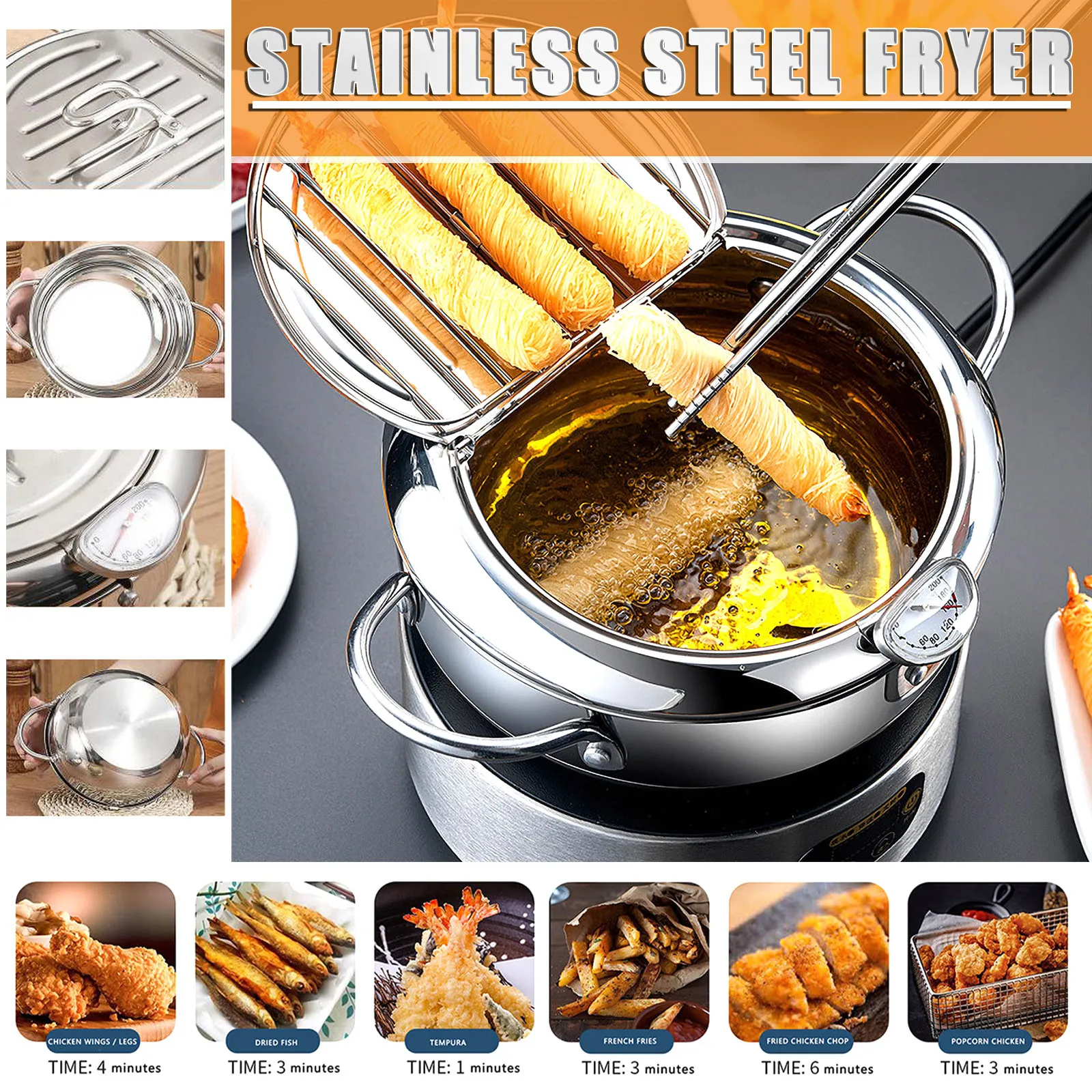 

Household Stainless Steel Fryer With Strainer And Temperature Control Mini Fryer Portable Camping Food Fryer Kitchen Tools#50