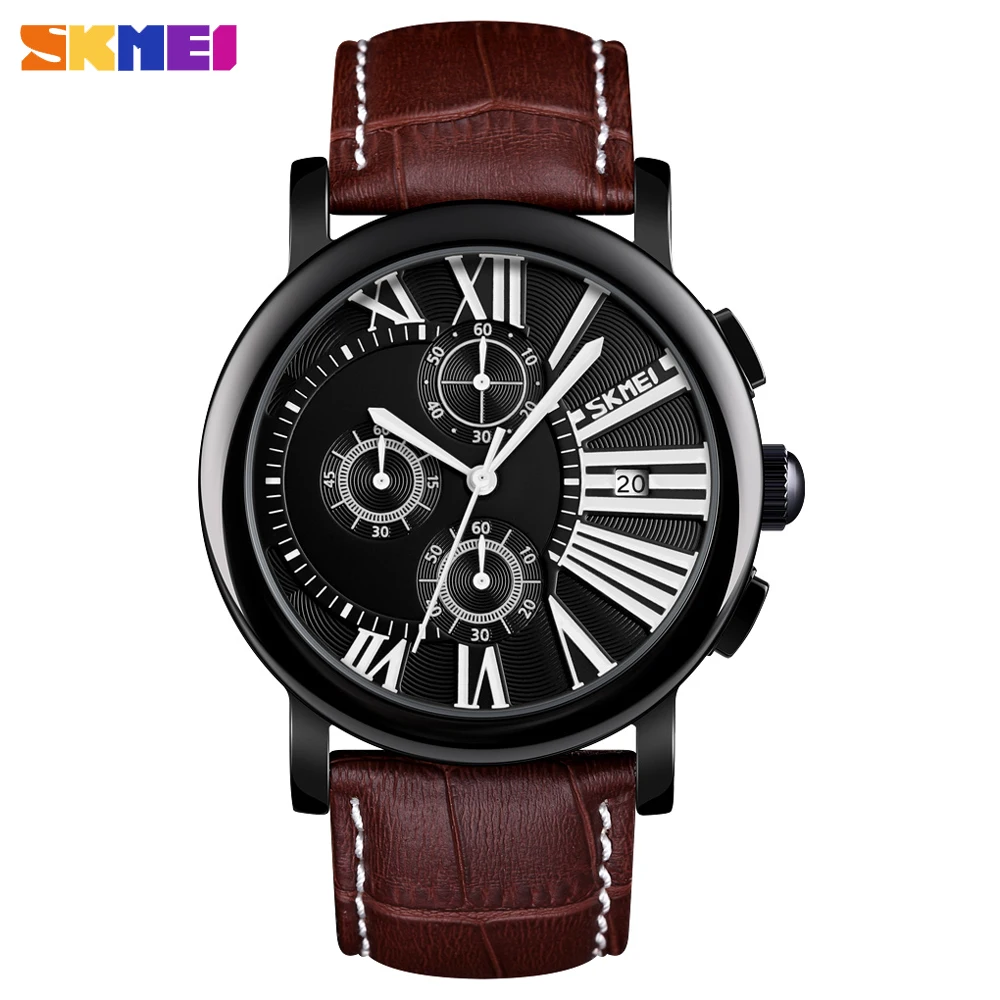 

SKMEI New Fashion Men Watch Analog Quartz Wristwatches Sport Date Leather Strap Stopwatch Waterproof Clock Relogios Masculino