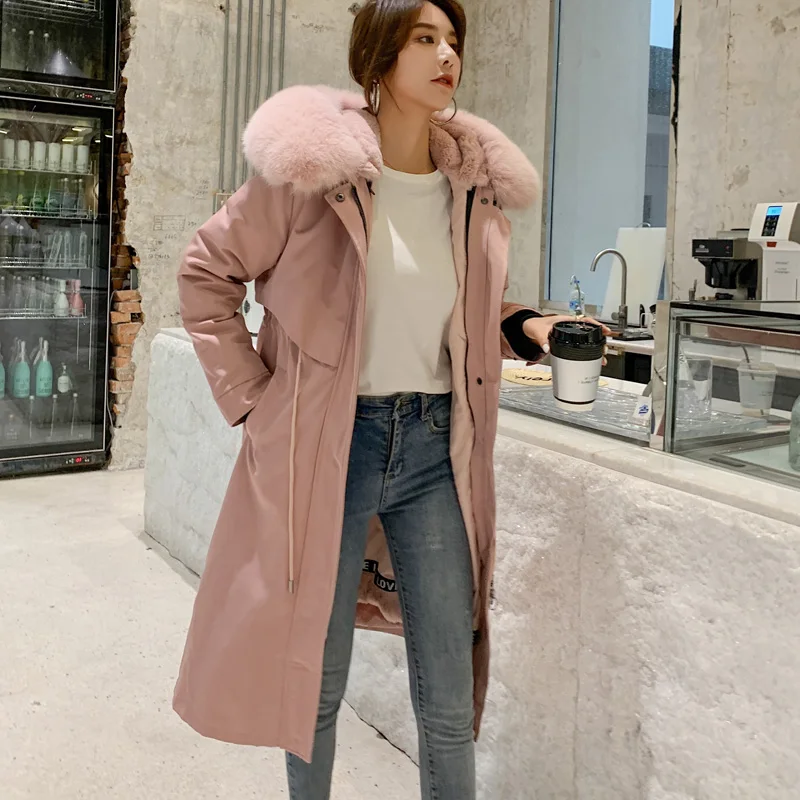 2020 New Winter Woman Parkas Real Fur Jackets with Fox Fur Collar Hood Coat Detachable Rex Rabbit Fur Liner Streetwear Women