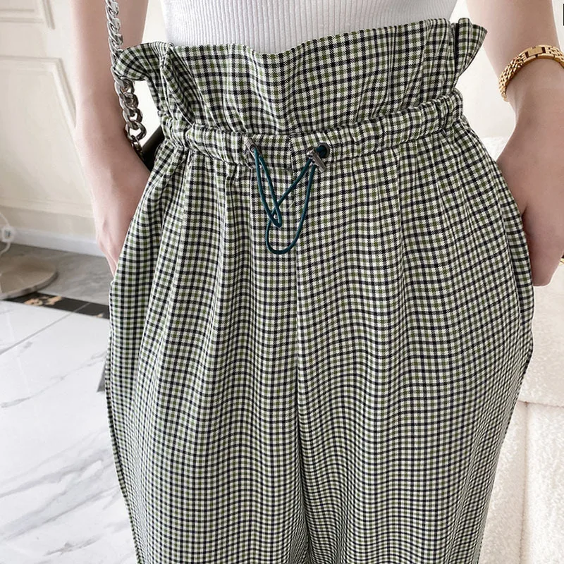 

SHENGPALAE Simple Plaid Blouse Women's Autumn 2021 Laple Loose Single Breasted Short Sleeve Shirt + Casual Wide Leg Pants 5E3300