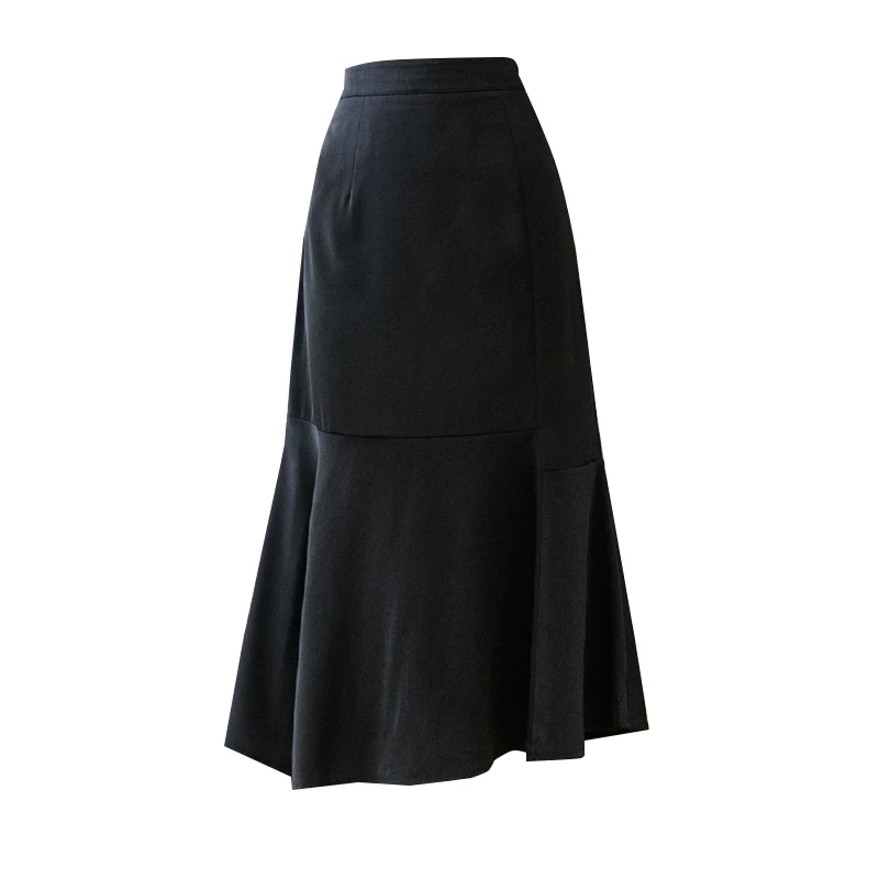 

LY VAREY LIN Summer Casual Female A-line Medium Black Skirt Women Elastic Waist Solid Color Mid-calf Ruffles Irregular Skirts