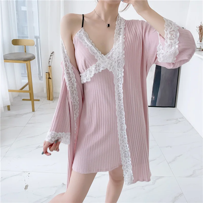 Осенний Новый хлопковый женский халат кружевной сексуальный спагетти ремень